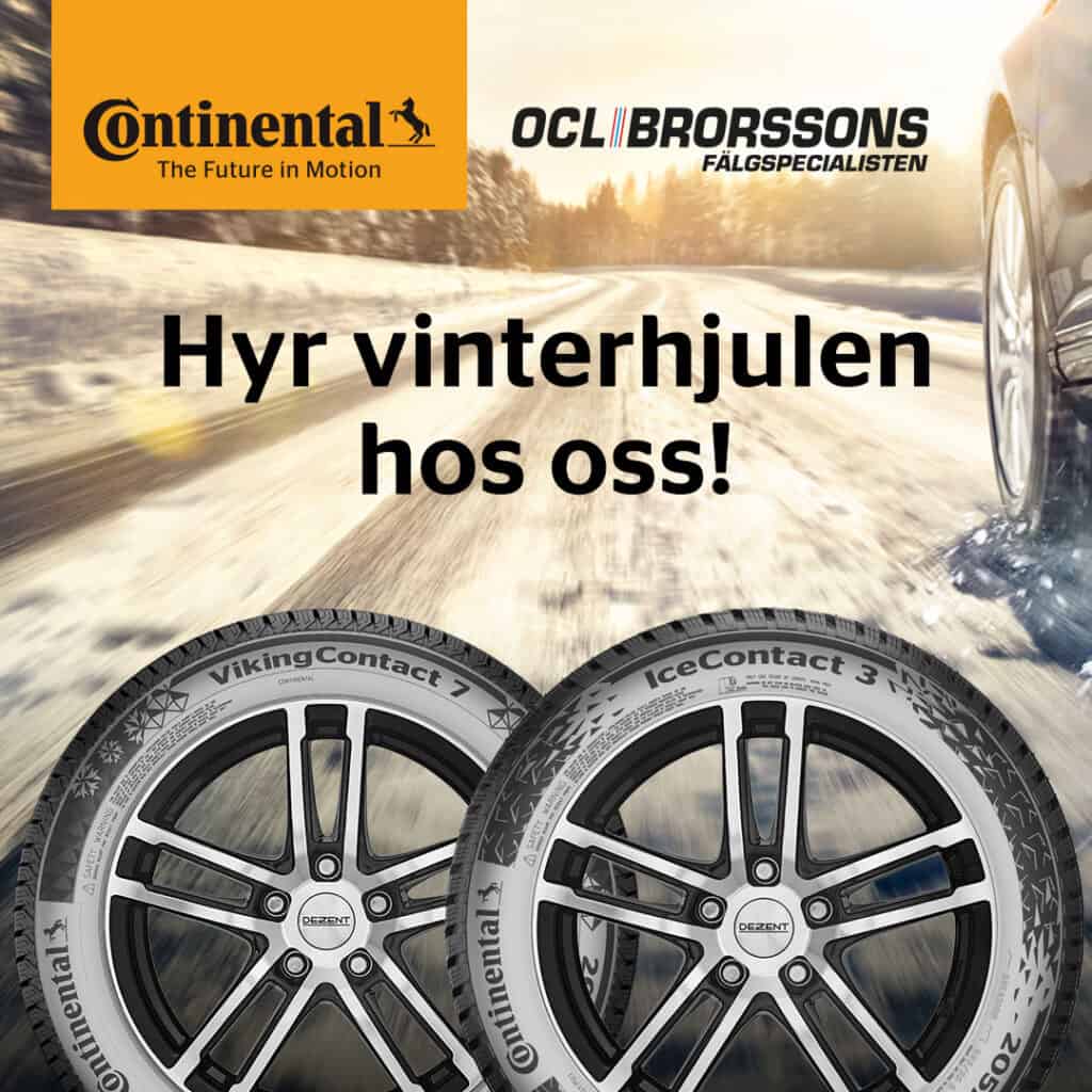 Continental vinterdäck monterade på lättmetallfälgar från Dezent, mot en snötäckt vinterväg. Logotyper för Continental och OCL Brorssons.